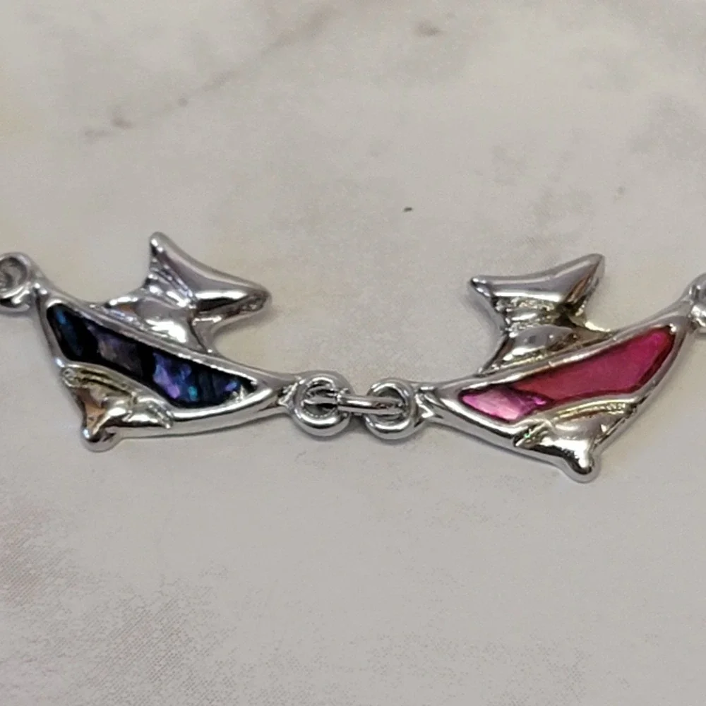 Angel Fish Bracelet Faux Abalone Shell Silver Tone Ocean Sealife Nautical Beach
